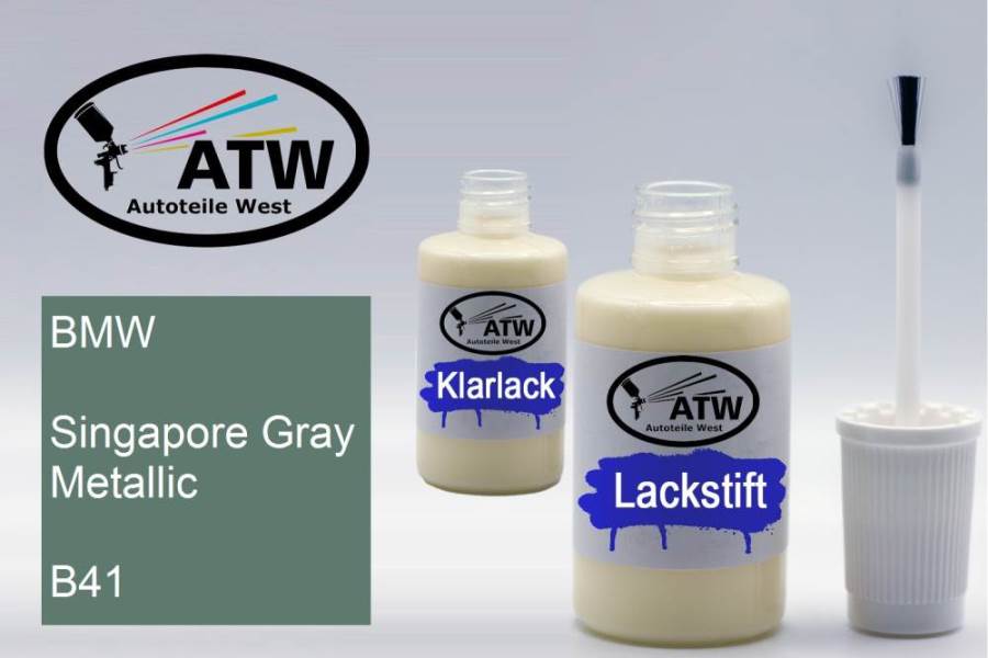 BMW, Singapore Gray Metallic, B41: 20ml Lackstift + 20ml Klarlack - Set, von ATW Autoteile West.